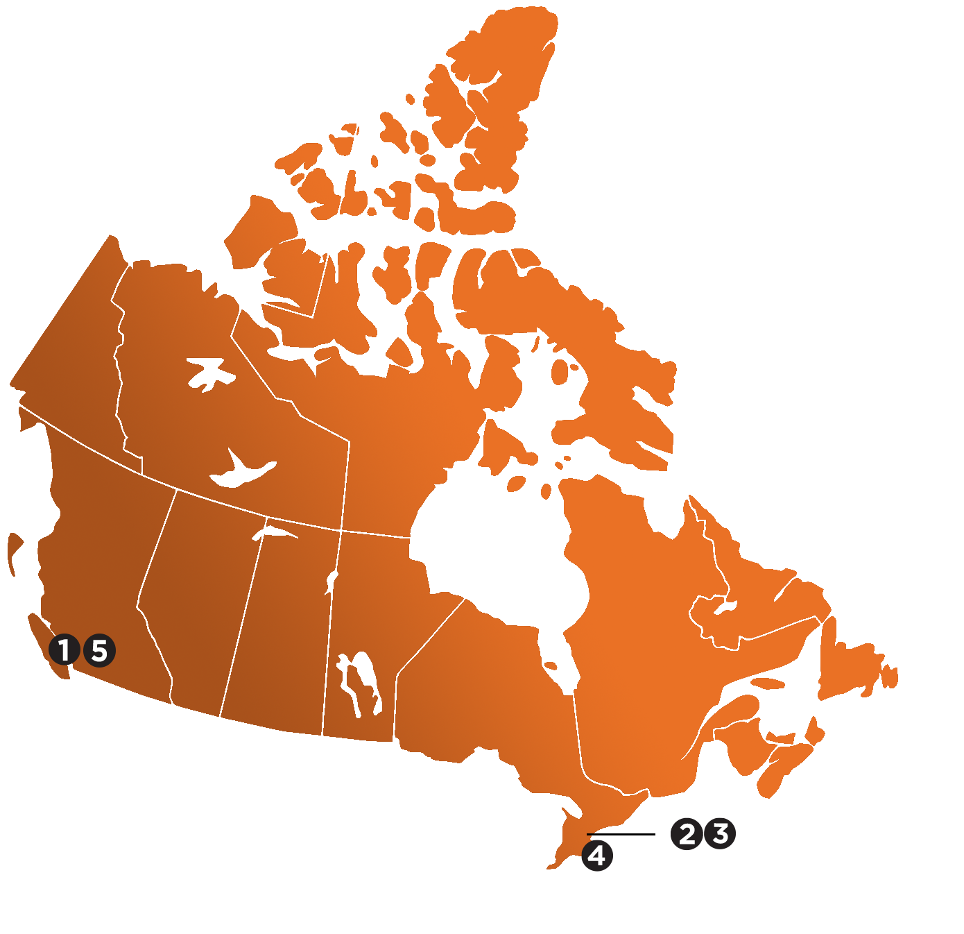 Map of Canada featuring lab in Vancouver, Toronto, Hamilton, and Burnaby.