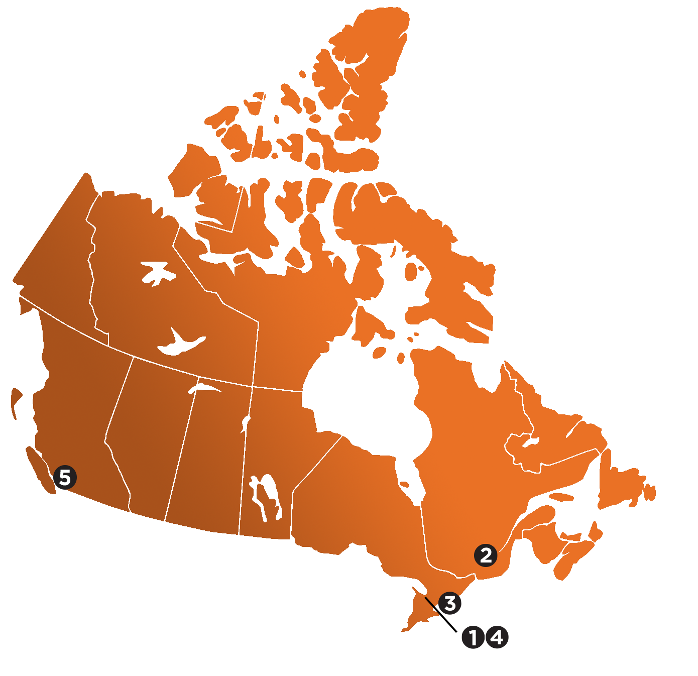 Map of Canada featuring labs in Toronto, Montreal, Kingston, and Burnarby. 