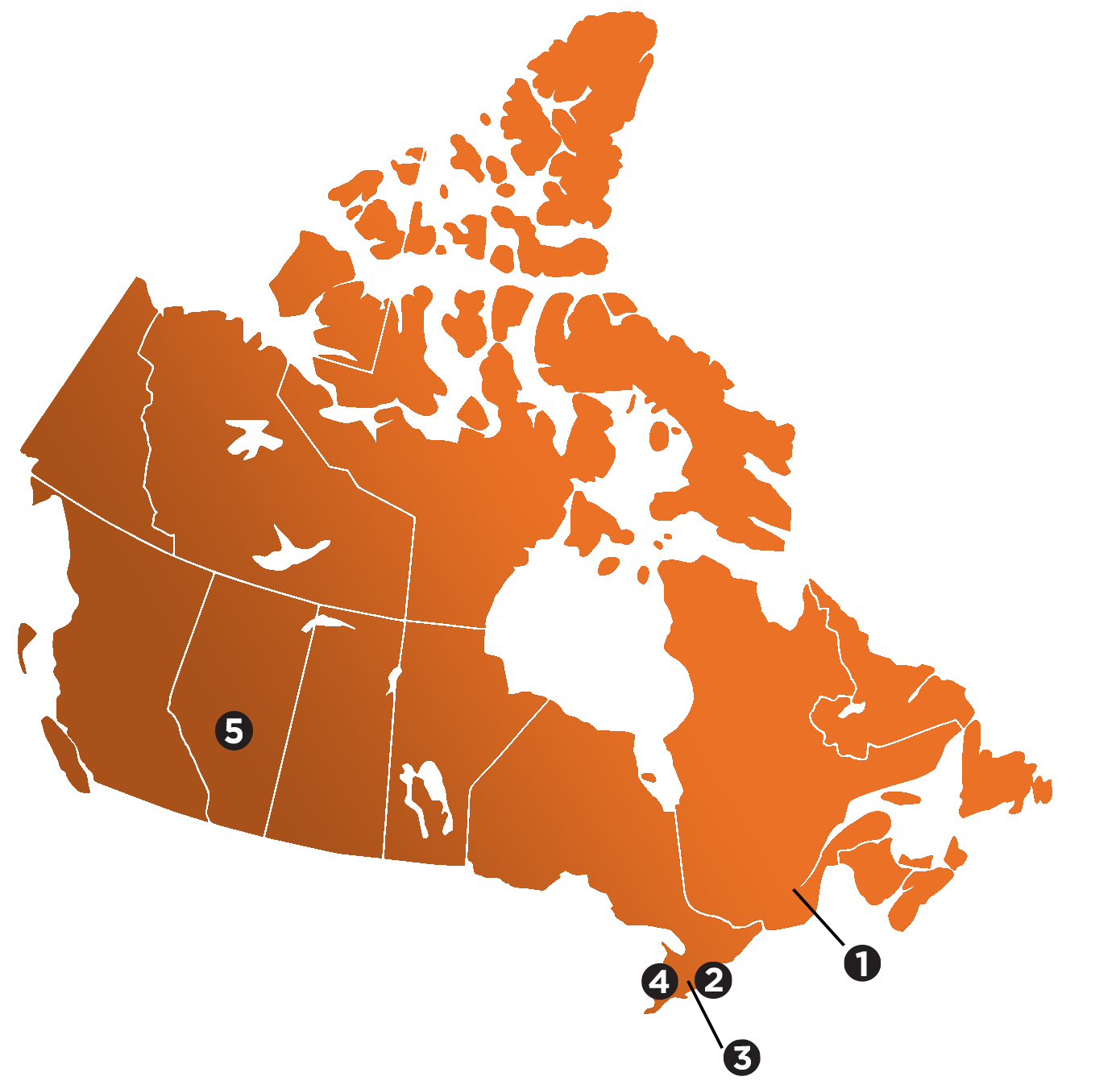 Map of Canada featuring labs in Montreal, Toronto, Guelph, London and Calgary. 