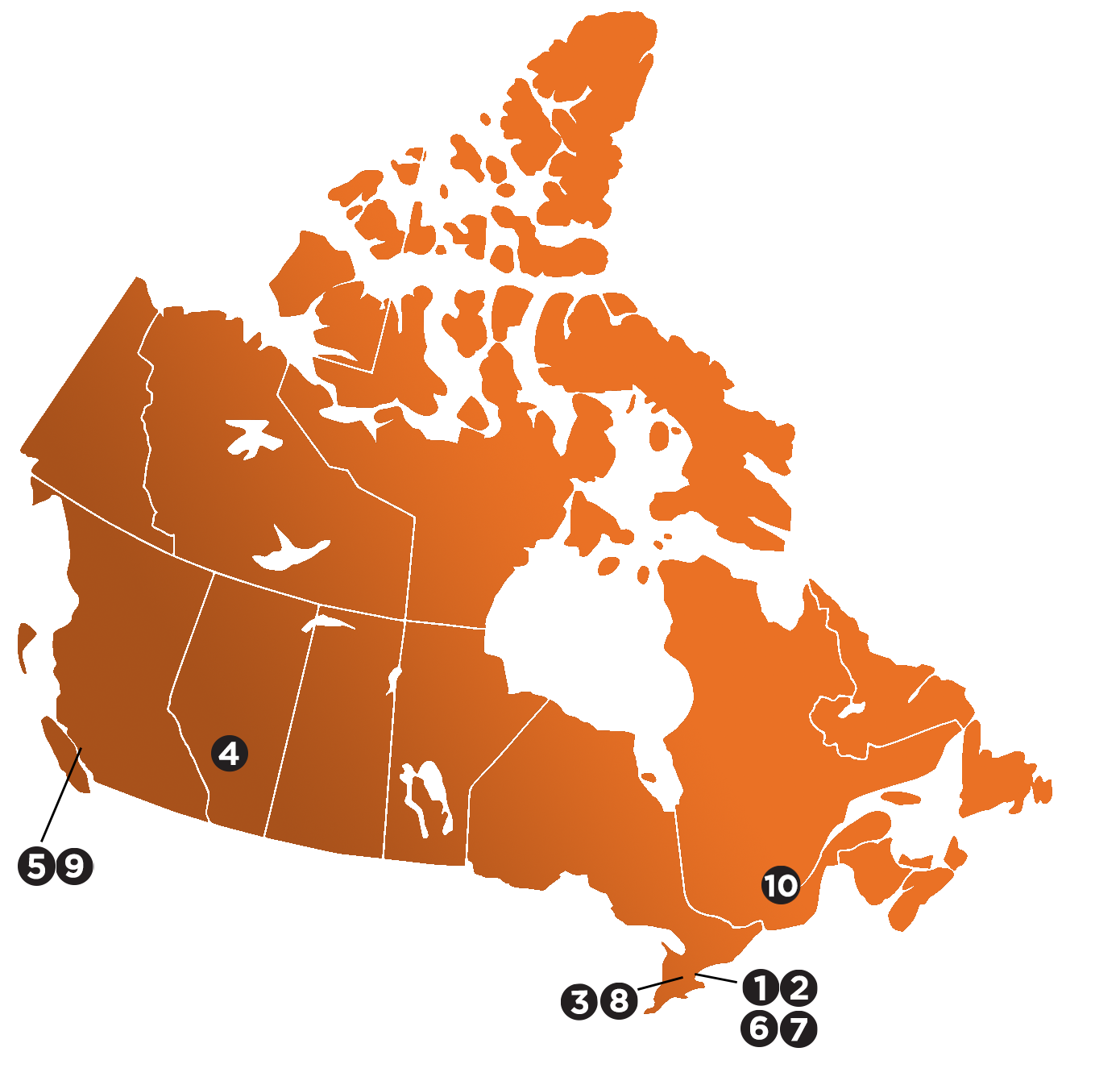 Map of Canada featuring labs in Toronto, London, Calgary, Montreal and Vancouver.