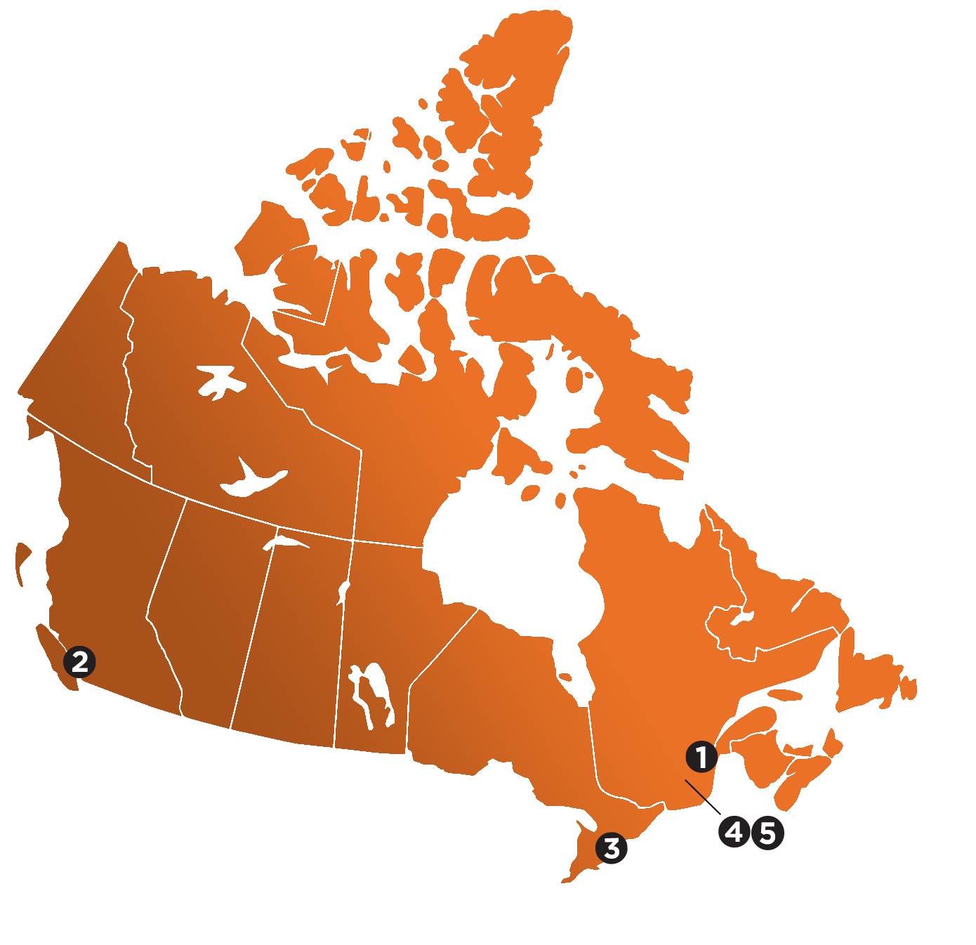 Map of Canada featuring labs in Quebec City, Vancouver, Toronto, and Montreal. 