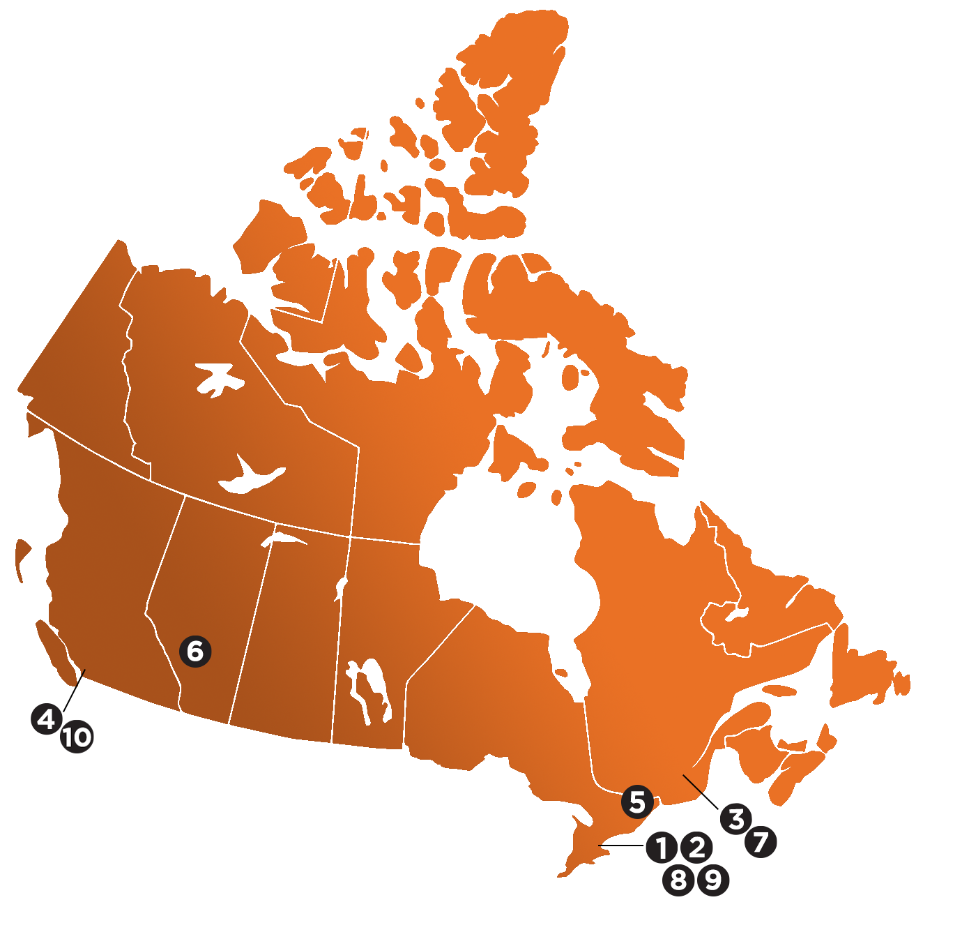 Map of Canada featuring labs in Toronto, Montreal, Vancouver, Ottawa, and Calgary.
