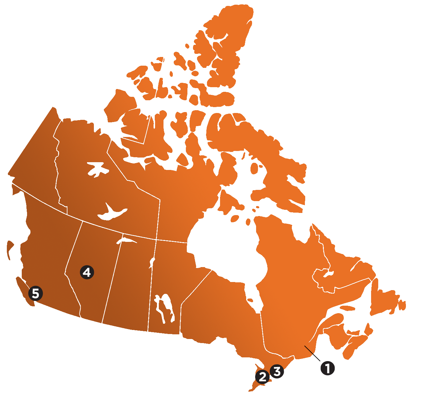 Map of Canada featuring labs in Montreal, Guelph, Kingston, Calgary, and Vancouver. 