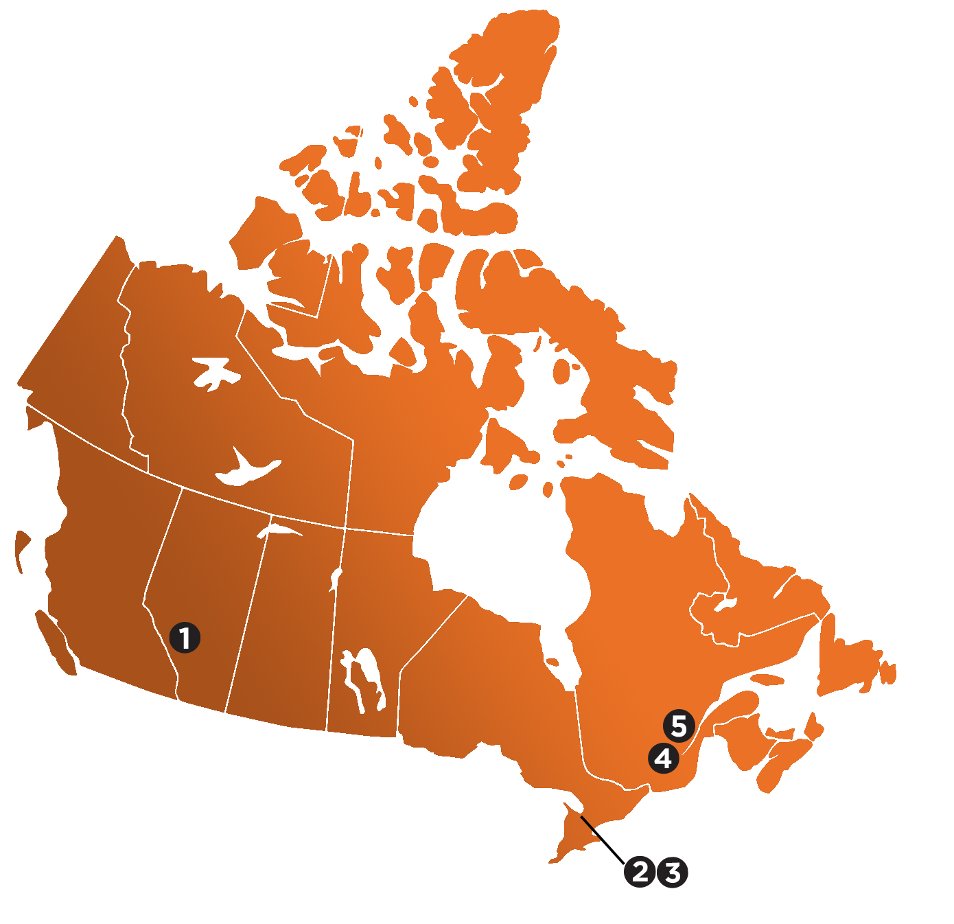 Map of Canada featuring labs in Calgary, Toronto, Montreal, and Quebec City. 
