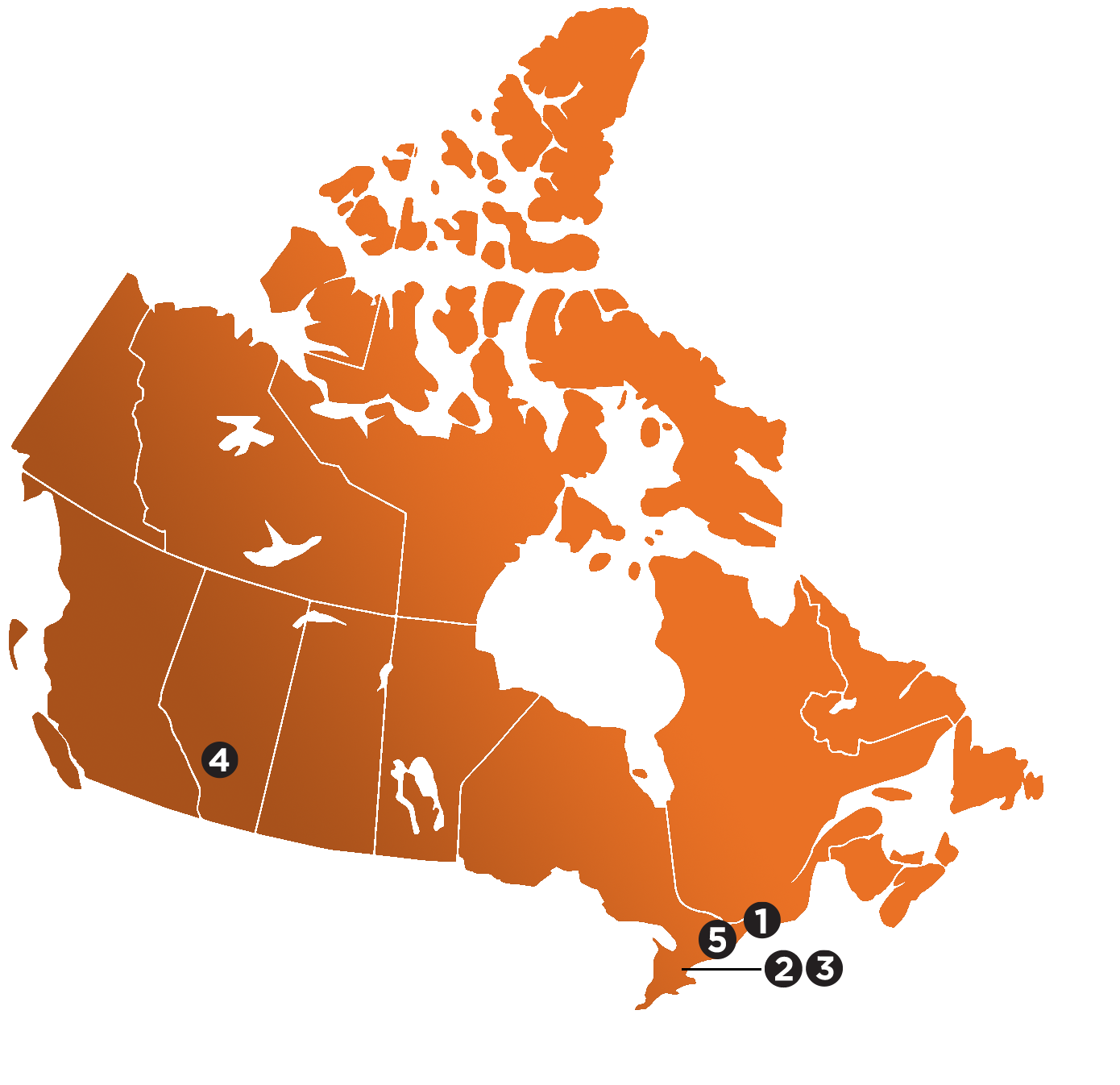 Map of Canada featuring lab in Montreal, Toronto, Calgary and Ottawa.