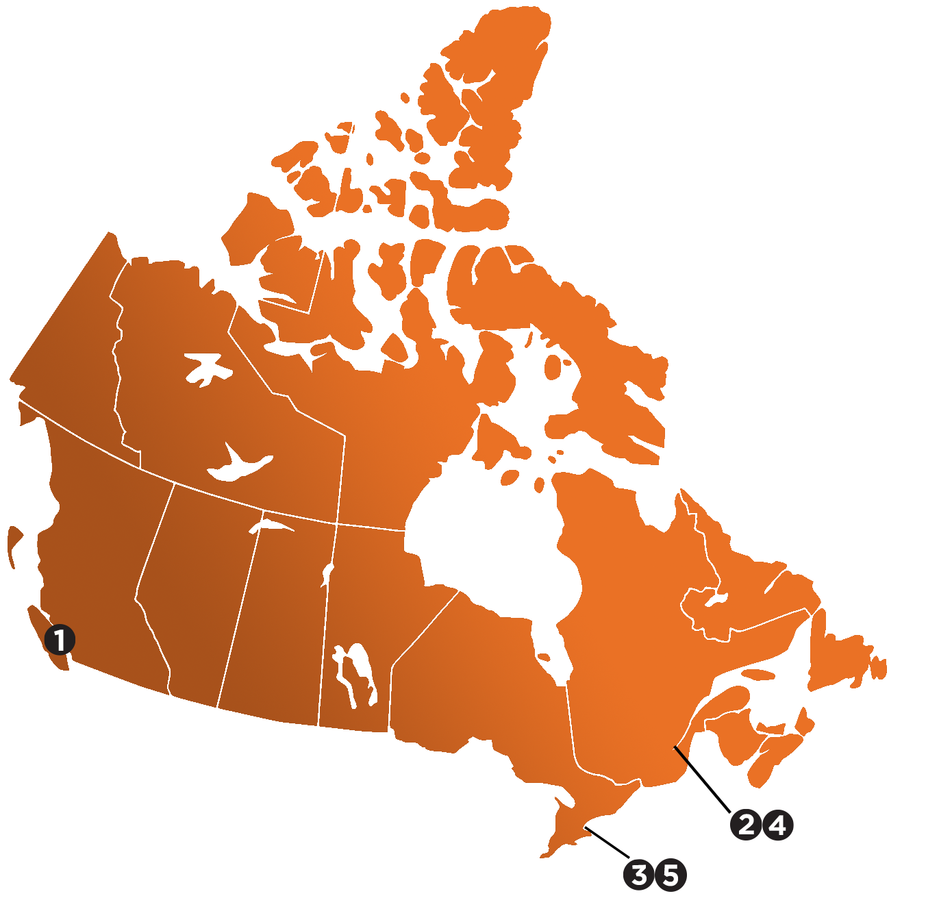 Map of Canada featuring labs in Vancouver, Montreal, Toronto, and Hamilton.