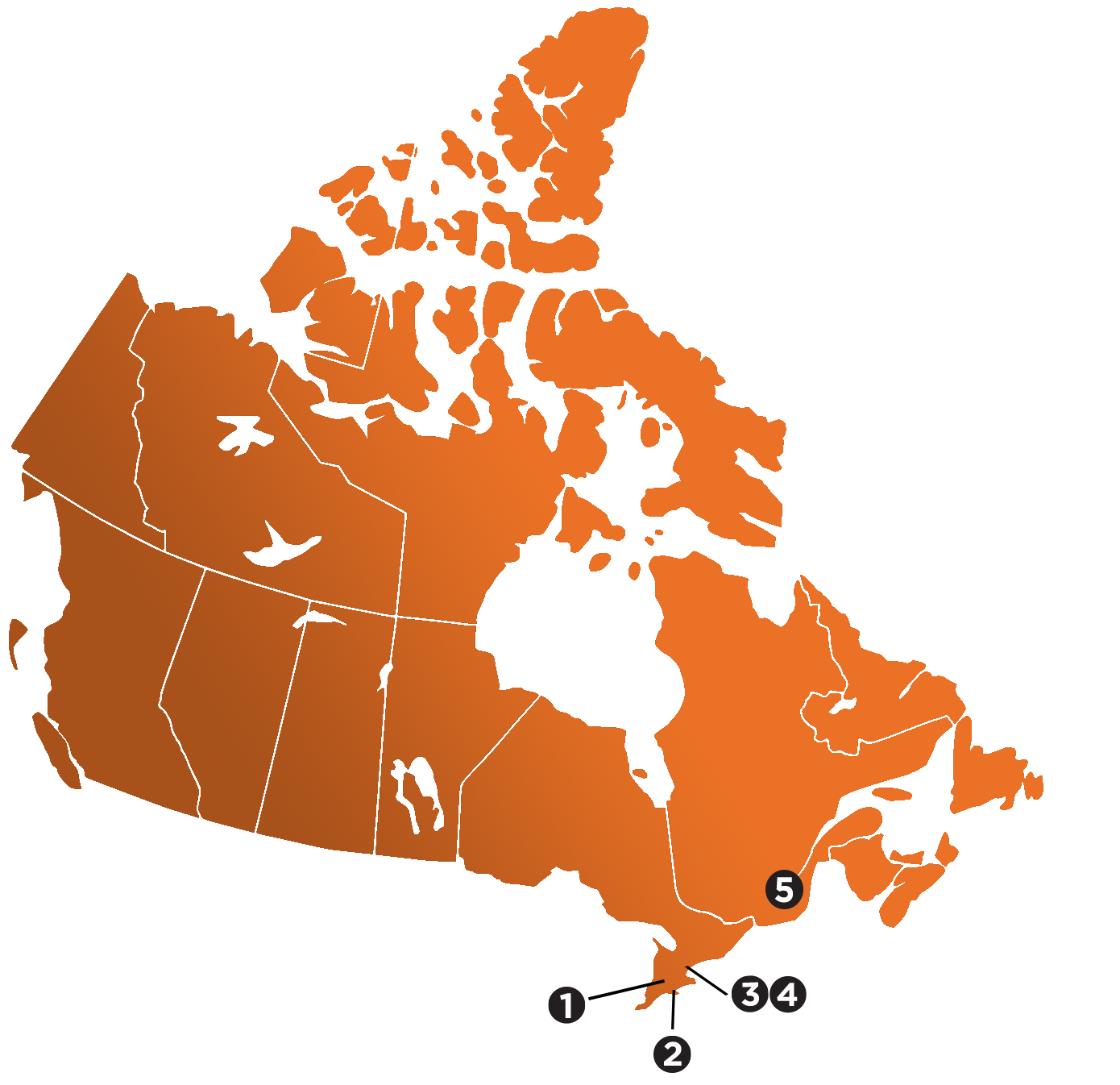 Map of Canada featuring labs in Hamilton, London, Toronto, and Montreal. 