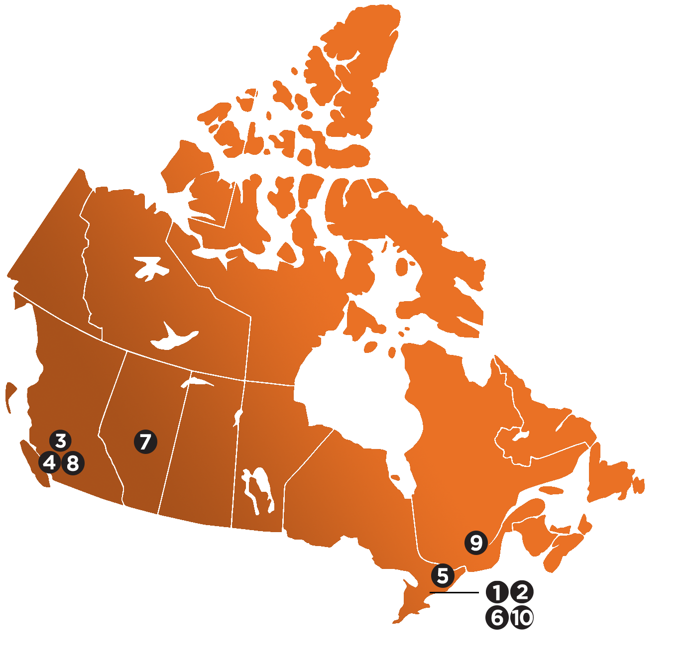 Map of Canada featuring lab in Toronto, Vancouver, Ottawa, Edmonton, and Montreal. 