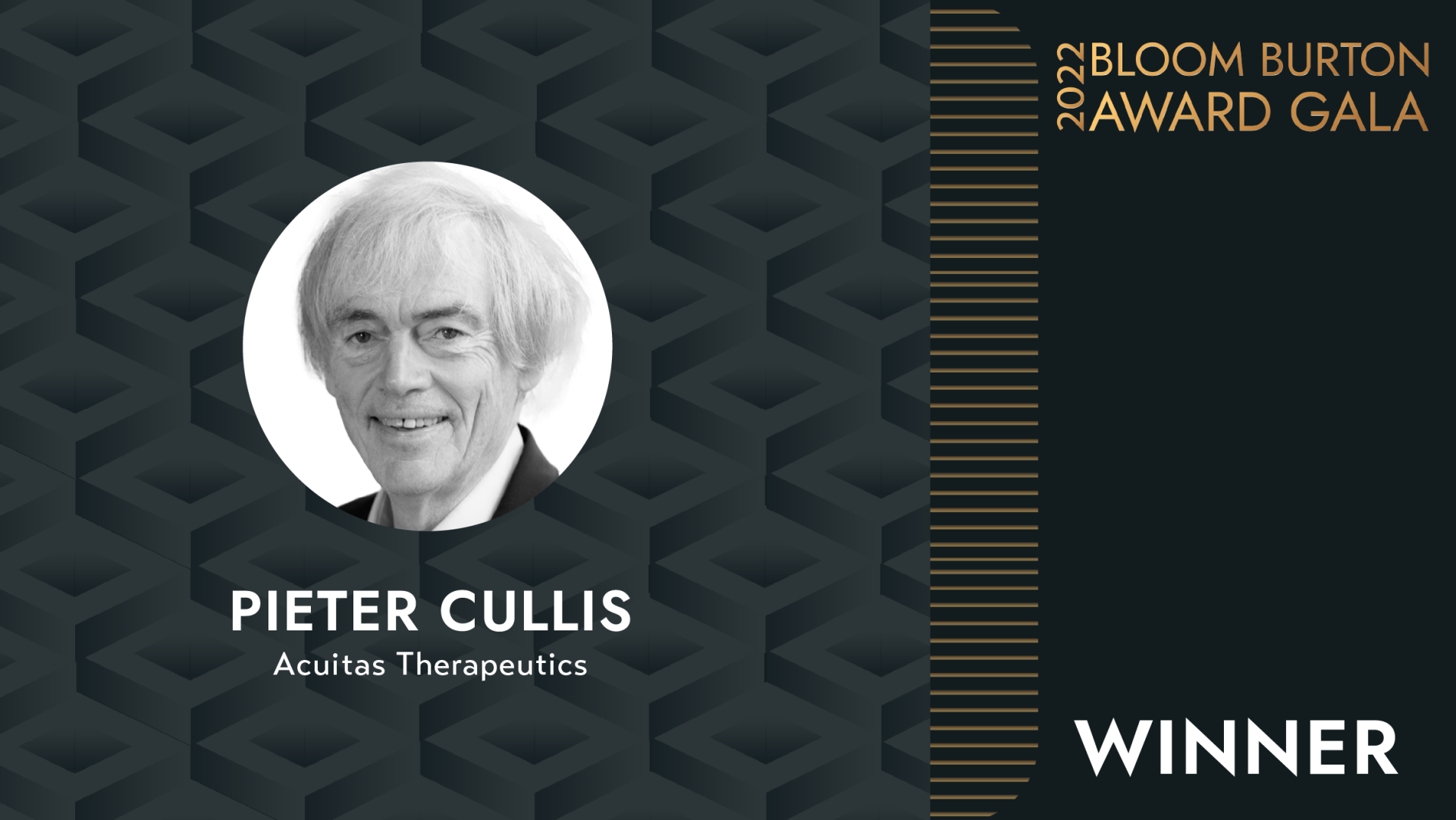 Pieter Cullis, Co-Founder of Acuitas Therapeutics, receives the 2023 Bloom Burton Award.